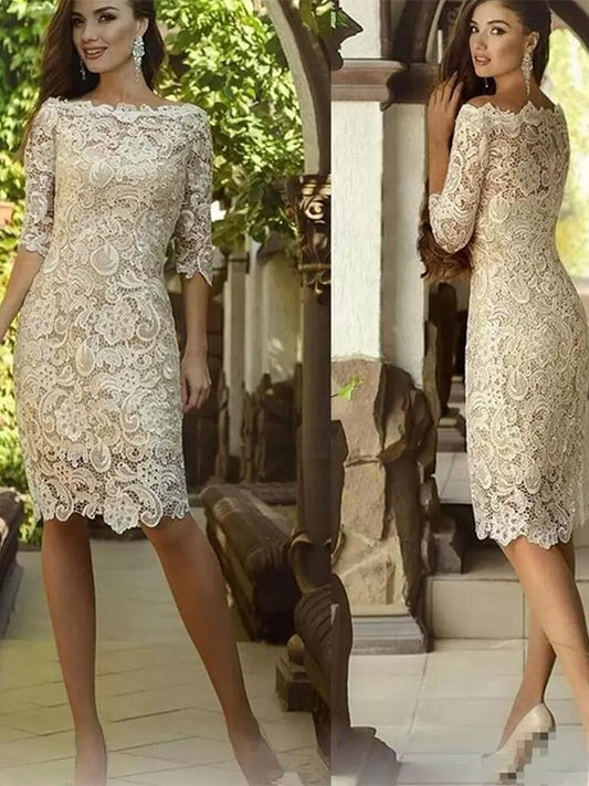 Sheath/Column Lace Applique Off-the-Shoulder 3/4 Sleeves Knee-Length Mother of the Bride Dresses