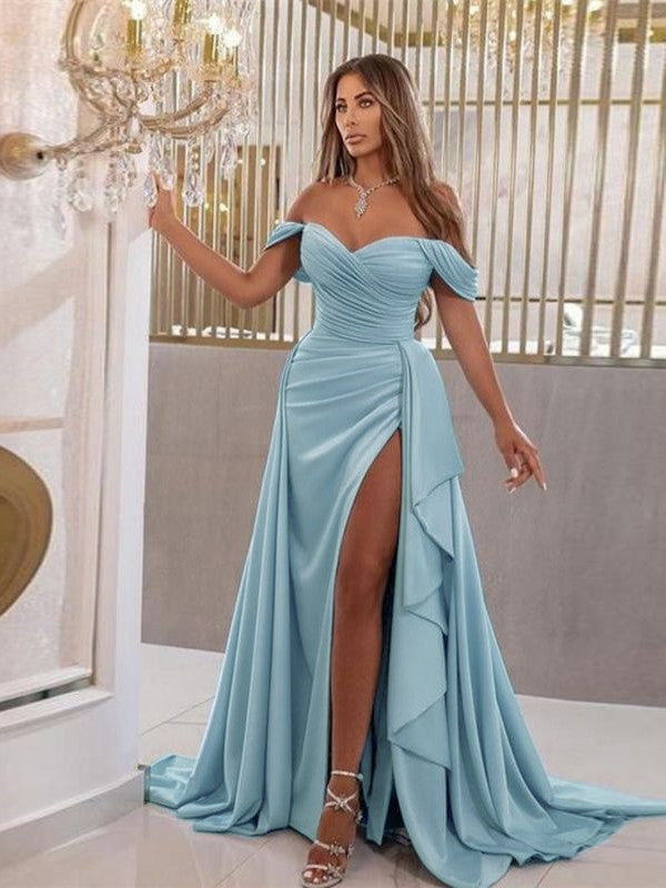 Sheath/Column Jersey Ruched Off-the-Shoulder Sleeveless Sweep/Brush Train Dresses