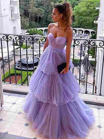 A-Line/Princess Tulle Layers Spaghetti Straps Sleeveless Floor-Length Dresses