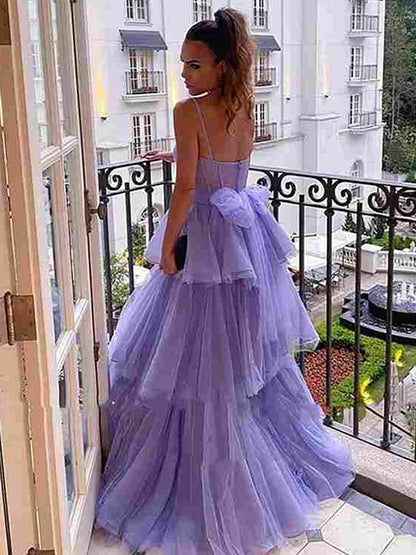 A-Line/Princess Tulle Layers Spaghetti Straps Sleeveless Floor-Length Dresses