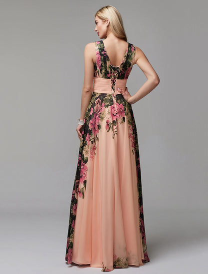 A-Line Floral Dress Holiday Floor Length Sleeveless V Neck Bridesmaid Dress Chiffon with Pattern / Print