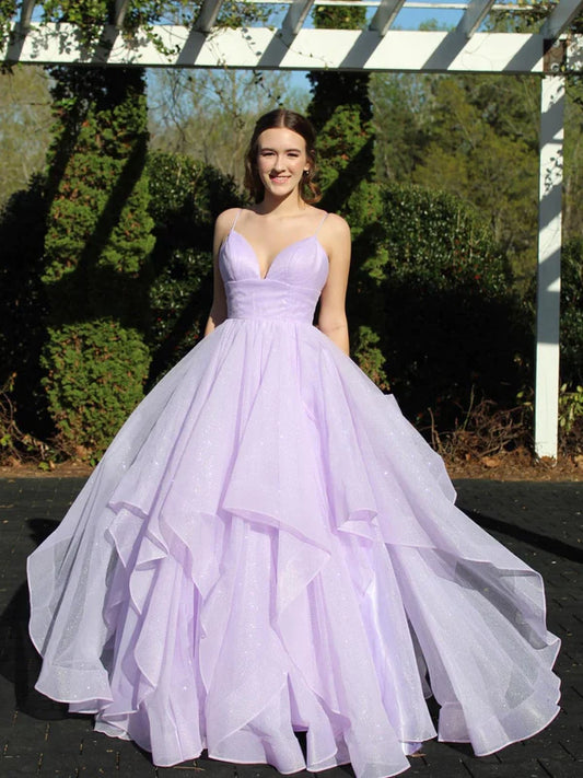 AerbaDress Deep V-Neck Layered Tulle Prom Dress With Back Cutout Prom Dresses