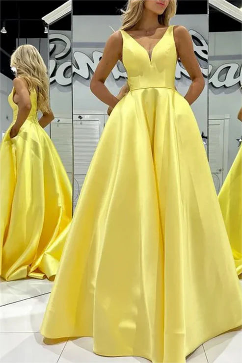 AerbaDress A-Line Evening Dress Satin Long V Neck Prom Dresses Sleeveless Formal Party Dress