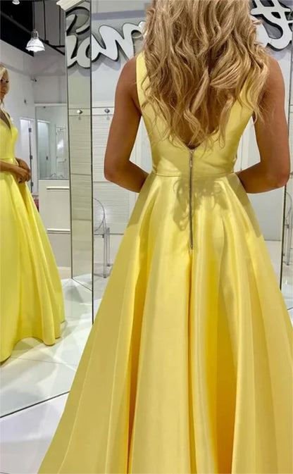 AerbaDress A-Line Satin Evening DressLong V Neck Prom Dresses Sleeveless Formal Party Dress