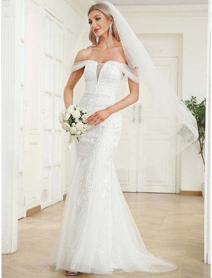 Reception Wedding Dresses Mermaid / Trumpet Off Shoulder Cap Sleeve Sweep / Brush Train Lace Bridal Gowns With Appliques