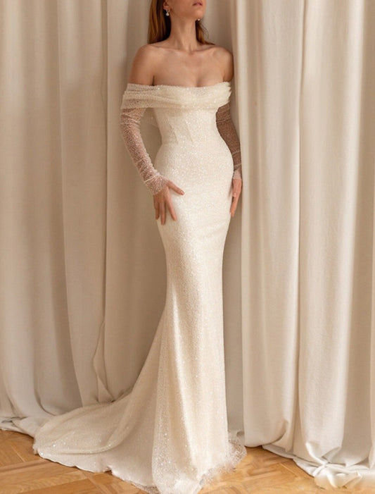 Mermaid / Trumpet Evening Gown Glittering Dress Formal Wedding Guest Court Train Long Sleeve Off Shoulder Sequined with Sequin Pure Color