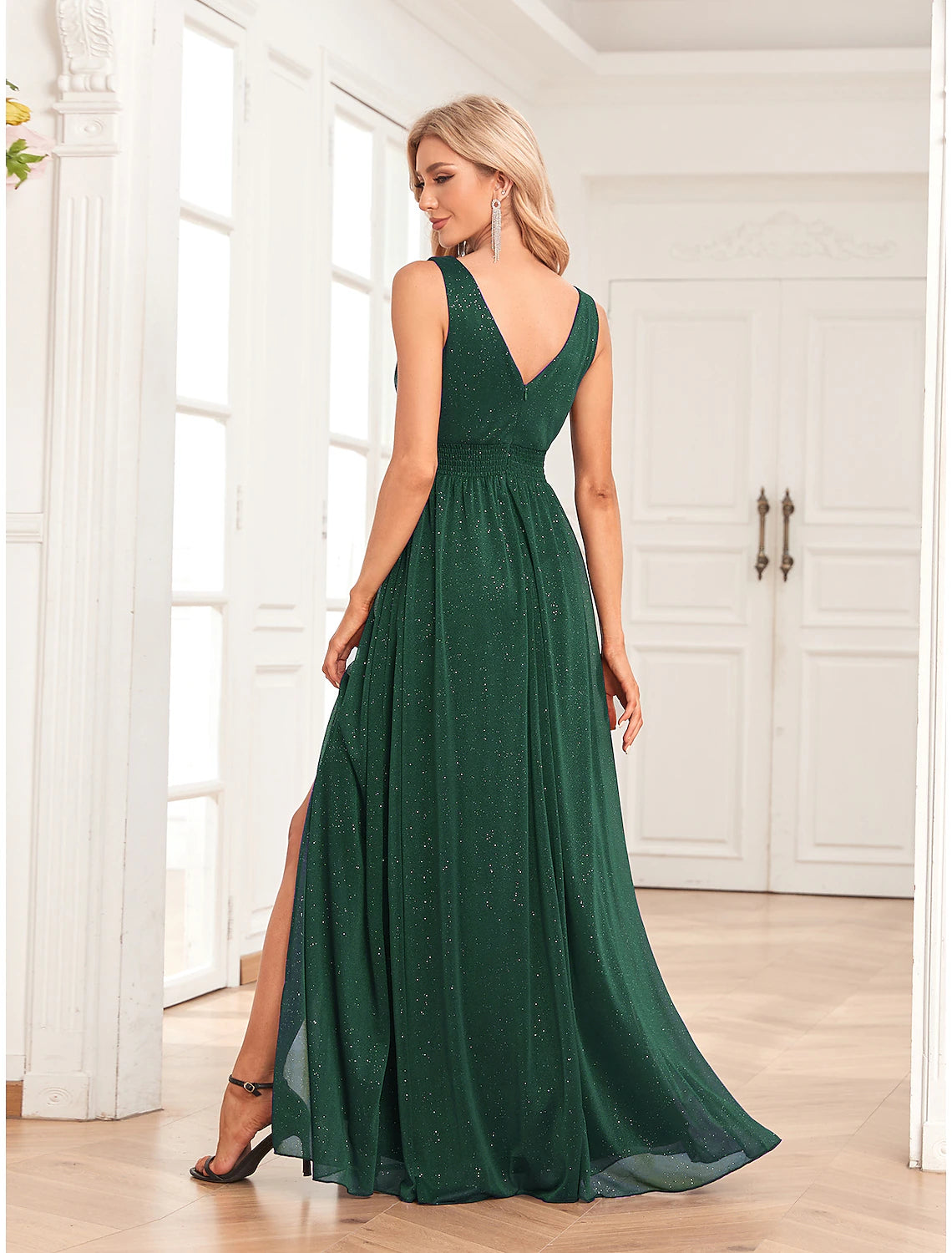 A-Line Evening Gown Empire Dress Party Wear Floor Length Sleeveless V Neck Spandex V Back with Glitter