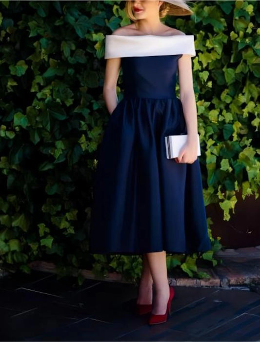 A-Line Mother of the Bride Dress Wedding Guest Elegant Off Shoulder Tea Length Taffeta Short Sleeve with Color Block