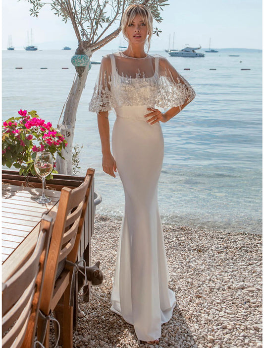 Beach Open Back Casual Wedding Dresses Mermaid / Trumpet Square Neck Sleeveless Sweep / Brush Train Satin Bridal Gowns With Buttons Beading