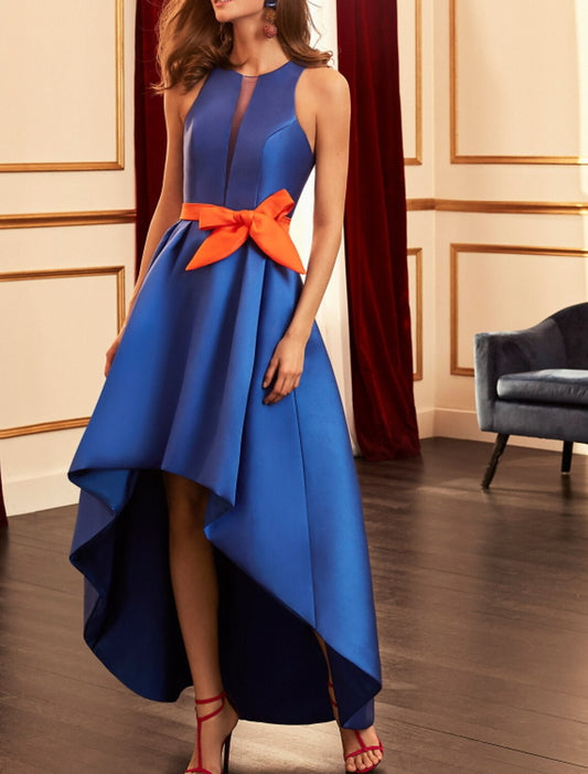 A-Line Cocktail Dress Elegant Kentucky Derby Dress Color Block Wedding Guest Formal Evening Dress Halter Neck Sleeveless Asymmetrical Satin with Bow(s)