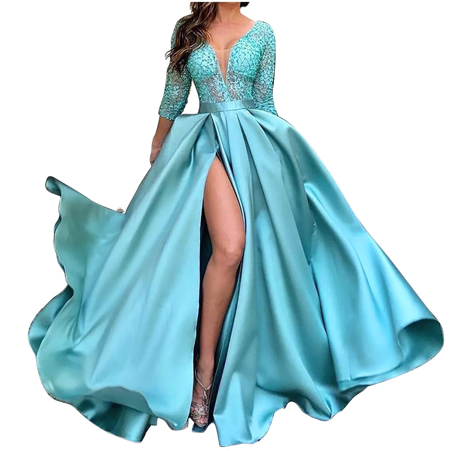 AerbaDress Elegant V-Neck Sequin Prom Dress Long Sleeve Satin Mermaid Bridesmaid Dress