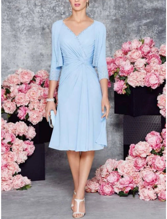 A-Line Mother of the Bride Dress Wedding Guest Party Elegant Petite V Neck Knee Length Chiffon Lace Half Sleeve with Ruching Solid Color