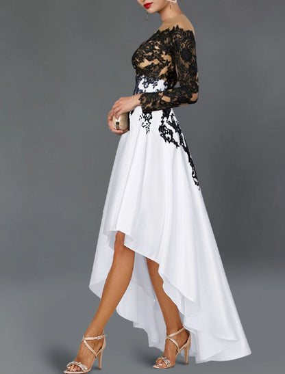 A-Line Cocktail Dresses Elegant Dress Wedding Party Semi Formal Asymmetrical Long Sleeve Off Shoulder Fall Wedding Guest Satin with Beading Embroidery Appliques