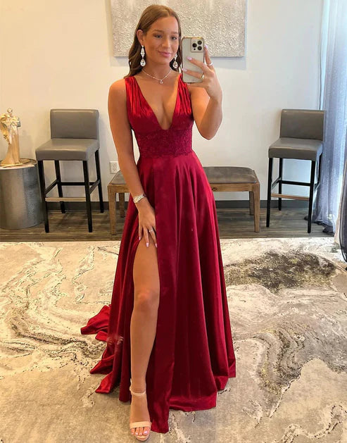 AerbaDress Fashion Deep V-neck Long Prom Dresses Dark Red Evening Dress