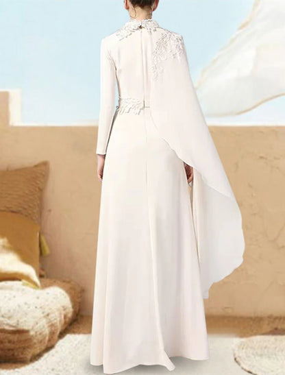 A-Line Prom Dresses Elegant Dress Formal Wedding Guest Floor Length Long Sleeve V Neck Chiffon with Sash / Ribbon Appliques