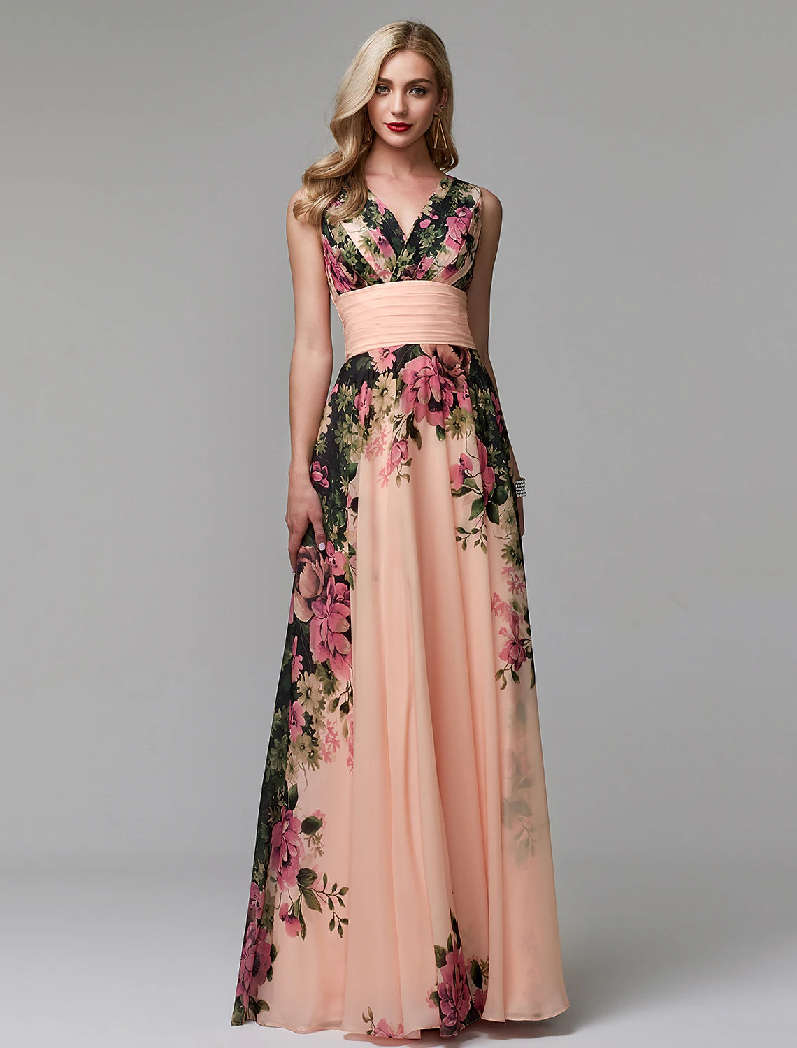 A-Line Floral Dress Holiday Floor Length Sleeveless V Neck Bridesmaid Dress Chiffon with Pattern / Print