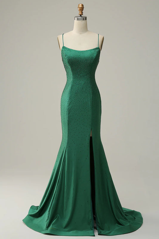AerbaDress Mermaid Spaghetti Straps Long Prom Dress with Beading