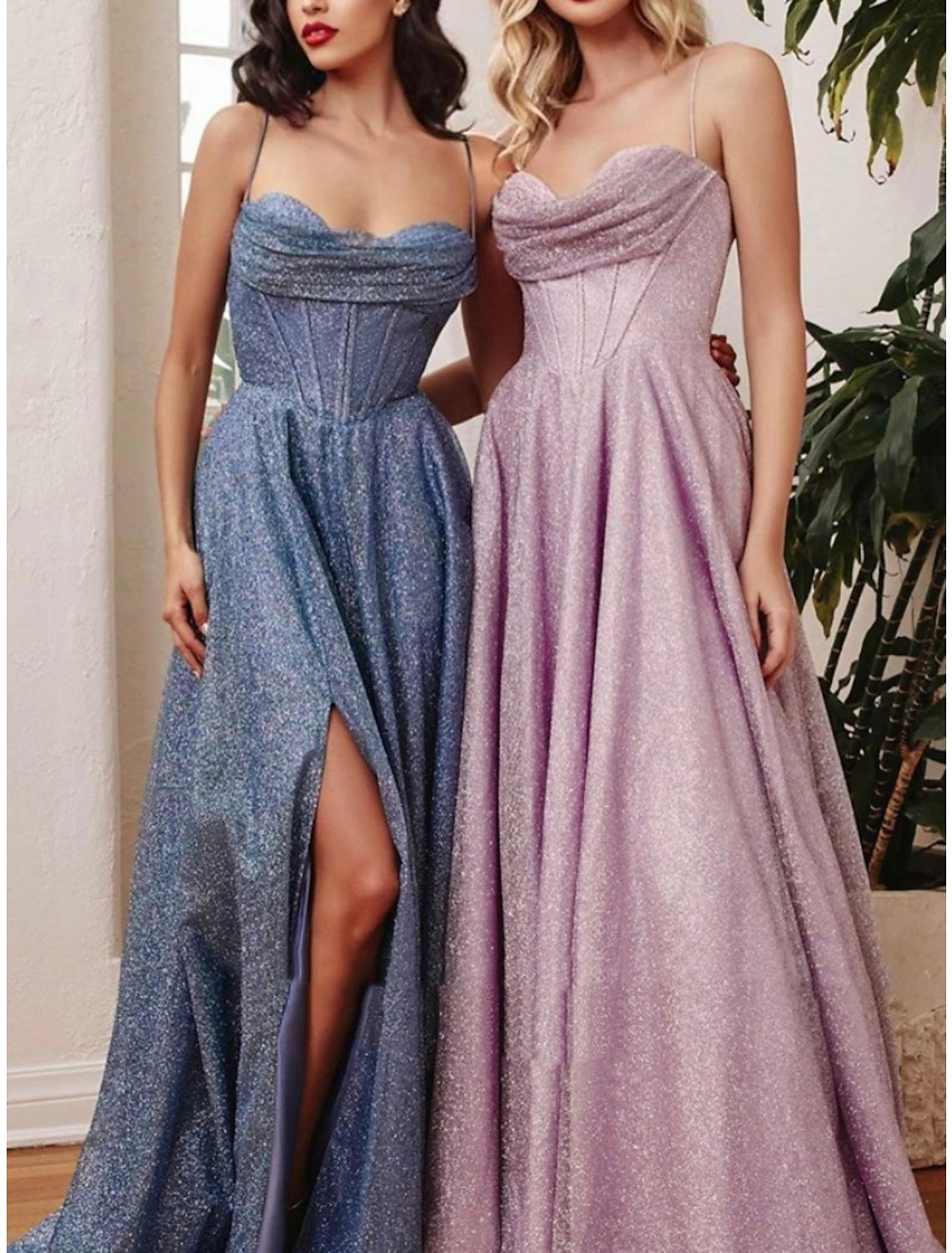 A-Line Evening Gown Elegant Dress Formal Court Train Sleeveless Spaghetti Strap Sequined with Glitter Pleats Ruched