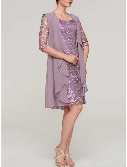 Two Piece Sheath / Column Mother of the Bride Dress Wedding Guest Elegant Petite Scoop Neck Knee Length Chiffon Half Sleeve with Lace Ruching