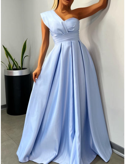 A-Line Evening Gown Elegant Dress Formal Floor Length Sleeveless One Shoulder Satin with Pleats Ruched