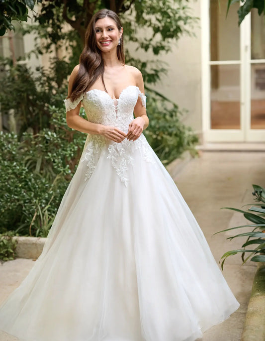 an off-the-shoulder a-line with floral lace
