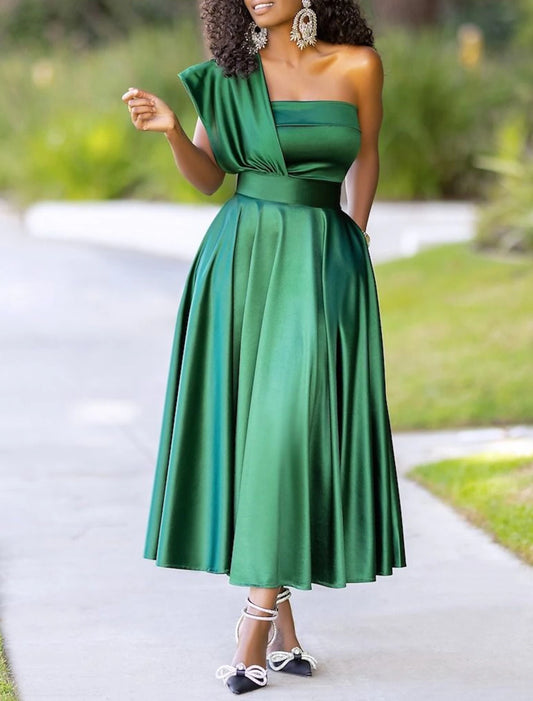 A-Line Cocktail Dresses Elegant Dress Wedding Guest Party Wear Ankle Length Sleeveless One Shoulder Charmeuse with Pleats