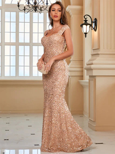 Aerba Sweetheart Cap Sleeves Sequin Evening Dresses