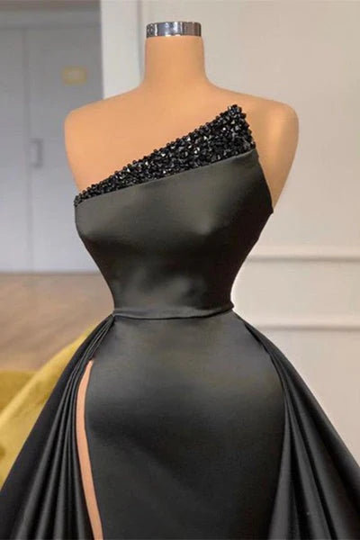 AerbaDress Sexy Evening Dress Black Beaded Long Prom Dresses Slit