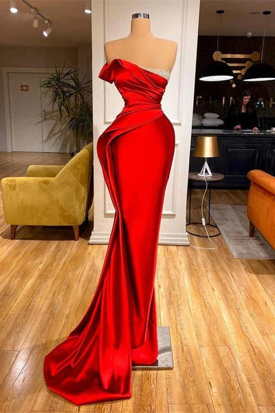 AerbaDress Beaded Ruffles Evening Dress Sexy Red Mermaid Long Prom Dresses