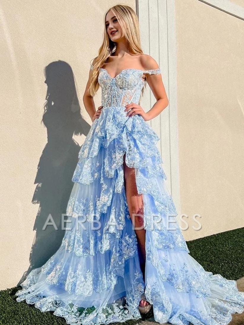 AERBA DRESS Evening Dress A LineTulle Off the Shoulder Sweetheart Tiered Ruffles Prom Dresses Split Sleeveless Corset Ball Gowns Long Dress