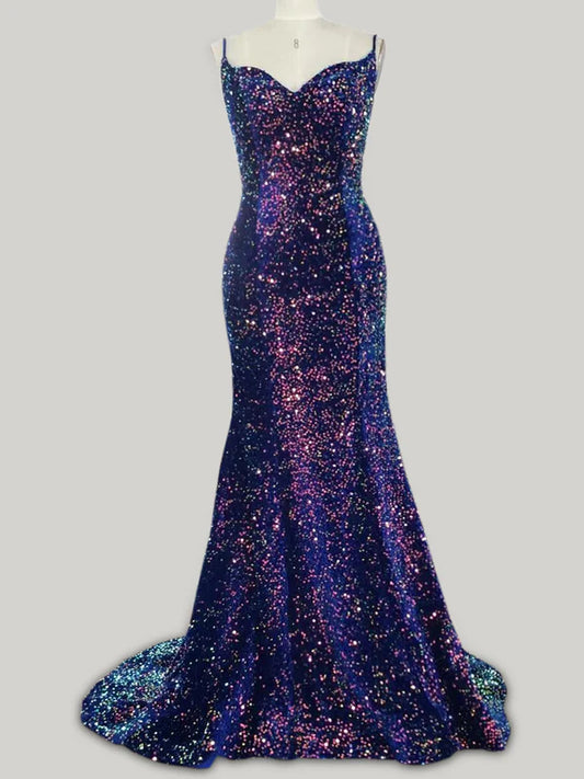 AerbaDress Mermaid Spaghetti Straps Long Sweep Train Velvet Sequin Prom Dress