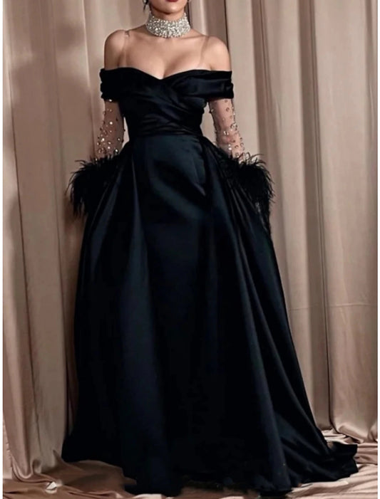 A-Line Evening Gown Elegant Dress Formal Black Dress Carival Sweep / Brush Train Long Sleeve Off Shoulder Satin with Rhinestone Feather Pleats