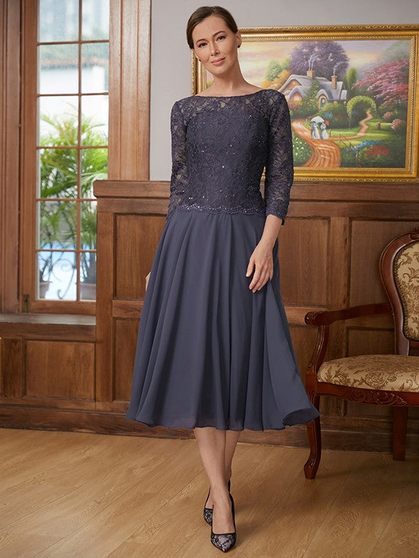 A-Line/Princess Chiffon Lace Scoop 3/4 Sleeves Tea-Length Mother of the Bride Dresses