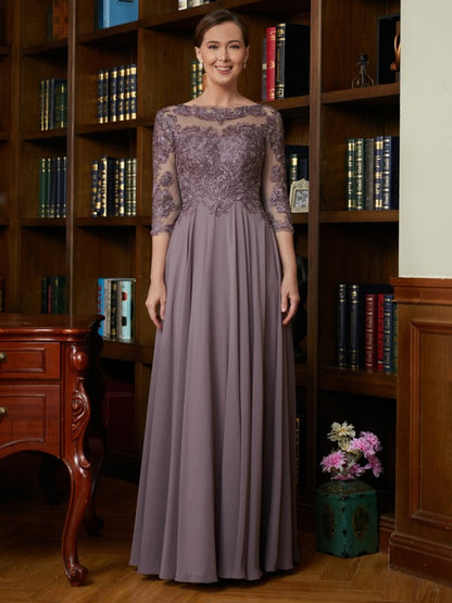 A-Line/Princess Chiffon Lace Scoop 3/4 Sleeves Floor-Length Mother of the Bride Dresses