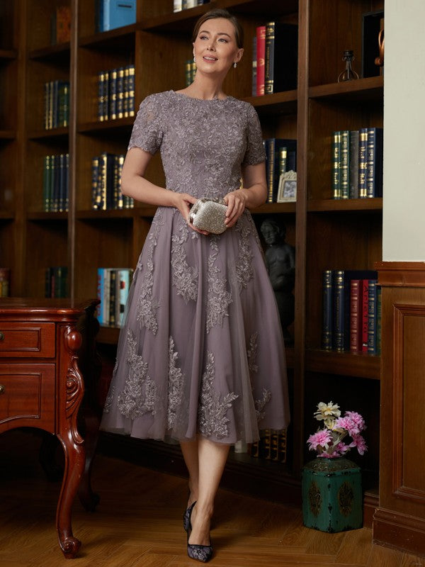 A-Line/Princess Chiffon Lace Scoop Short Sleeves Tea-Length Mother of the Bride Dresses