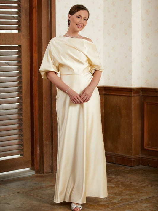 Sheath/Column Charmeuse Ruched Off-the-Shoulder Short Sleeves Floor-Length Mother of the Bride Dresses