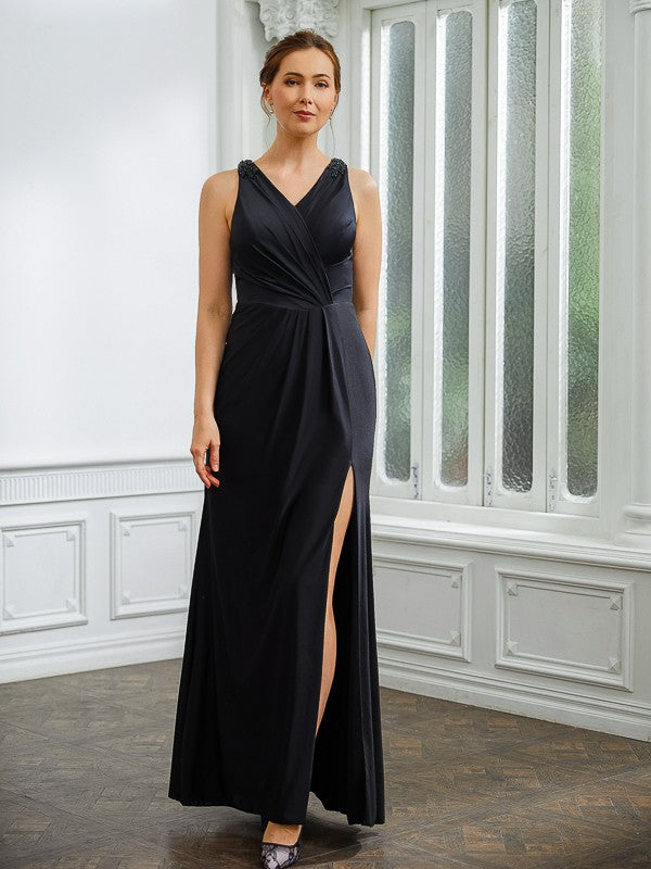 Sheath/Column Jersey Ruched V-neck Sleeveless Floor-Length Mother of the Bride Dresses