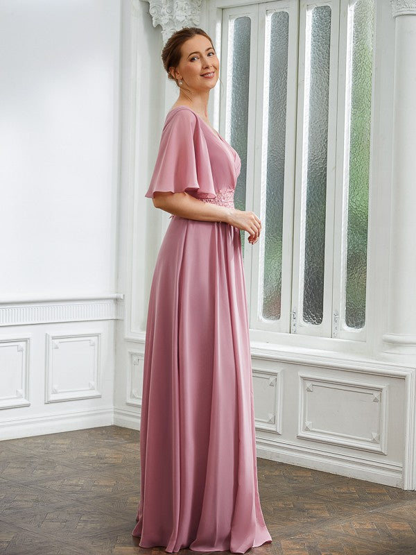 A-Line/Princess Chiffon Ruched V-neck 1/2 Sleeves Floor-Length Mother of the Bride Dresses