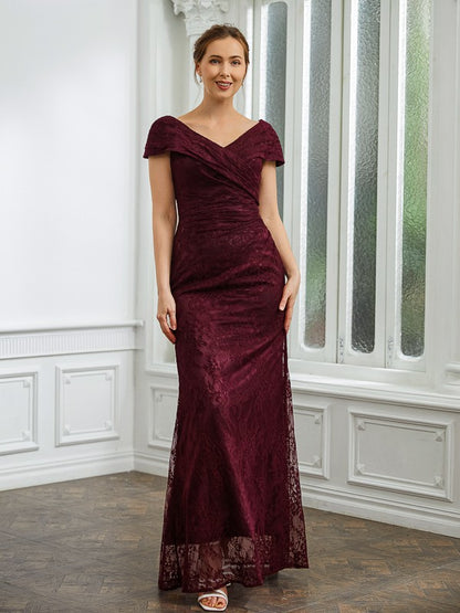 Sheath/Column Lace Ruched V-neck Short Sleeves Floor-Length Mother of the Bride Dresses