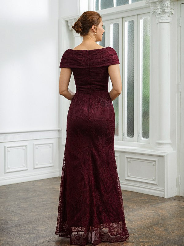 Sheath/Column Lace Ruched V-neck Short Sleeves Floor-Length Mother of the Bride Dresses