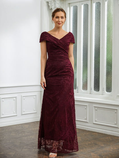 Sheath/Column Lace Ruched V-neck Short Sleeves Floor-Length Mother of the Bride Dresses