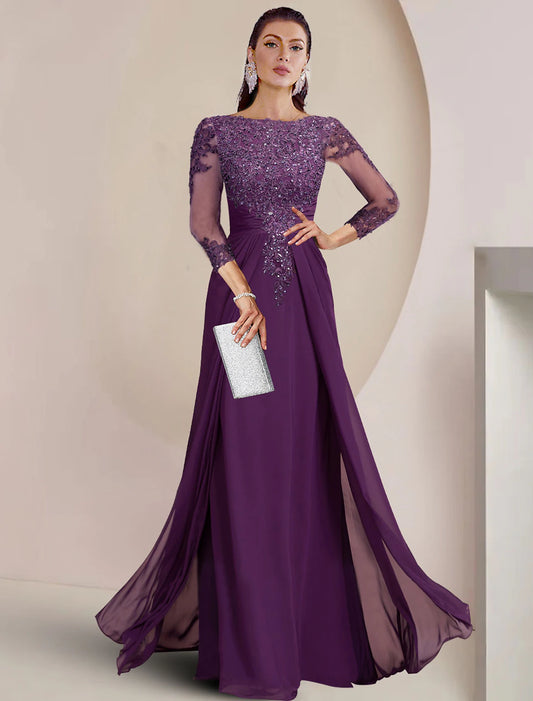 Sheath / Column Mother of the Bride Dress Formal Fall Wedding Guest Elegant Sequin Scoop Neck Floor Length Chiffon Lace 3/4 Sleeve with Appliques