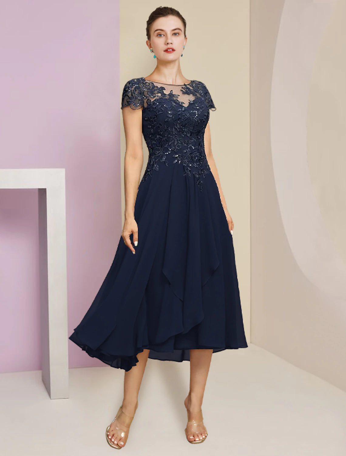 Two Piece A-Line Mother of the Bride Dress Formal Wedding Guest Elegant Scoop Neck Tea Length Chiffon Lace Short Sleeve Fall Wrap Included with Pleats Sequin Appliques