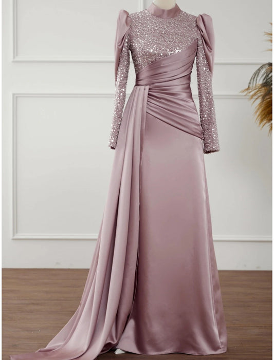 A-Line Evening Gown Sparkle & Shine Dress Formal Sweep / Brush Train Long Sleeve Jewel Neck Satin with Glitter Pleats Ruched