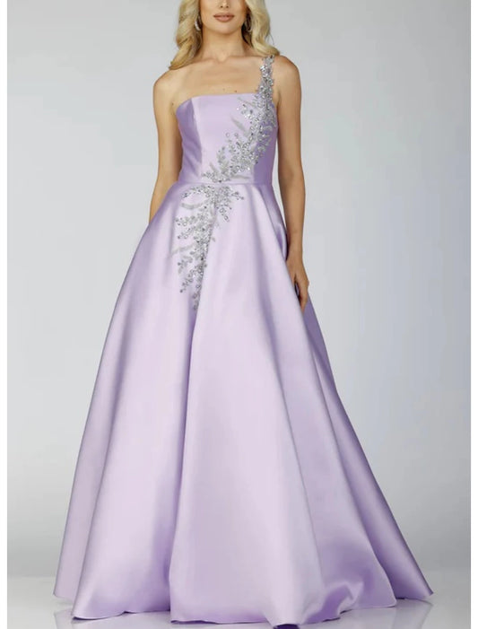 A-Line Prom Dresses Sparkle Dress Formal Prom Floor Length Sleeveless One Shoulder Satin Backless with Glitter Sequin