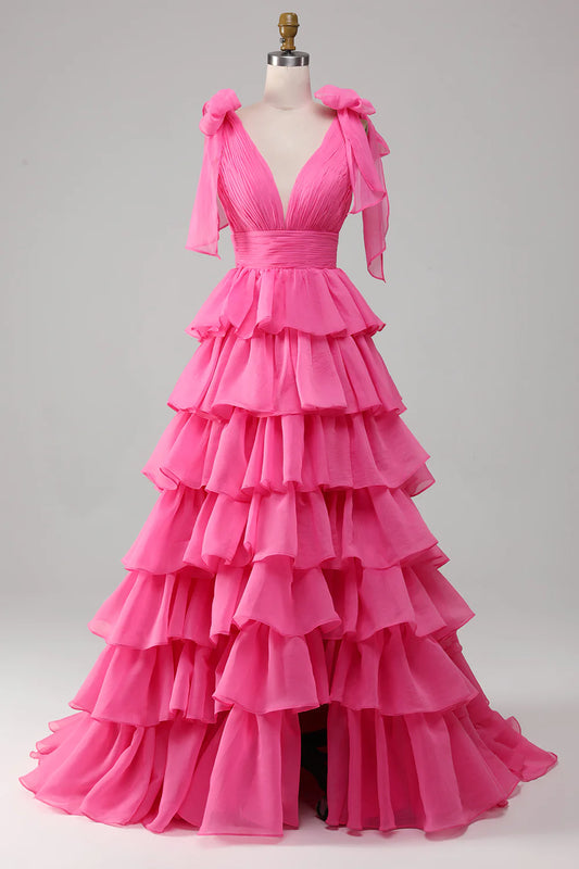 AerbaDress Princess A-Line V-Neck Fuchsia Prom Dress With Slit