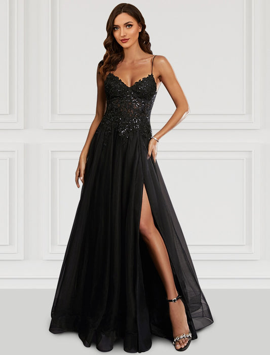 A-Line Prom Black Dress Floral Dress Party Wear Wedding Party Floor Length Sleeveless Spaghetti Strap Tulle with Glitter