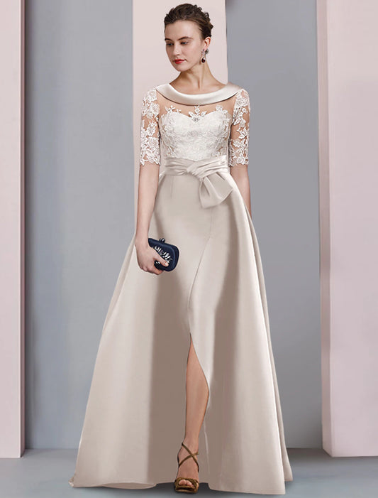 A-Line Mother of the Bride Dress Wedding Guest Elegant Scoop Neck Floor Length Satin Lace Half Sleeve with Bow(s) Appliques