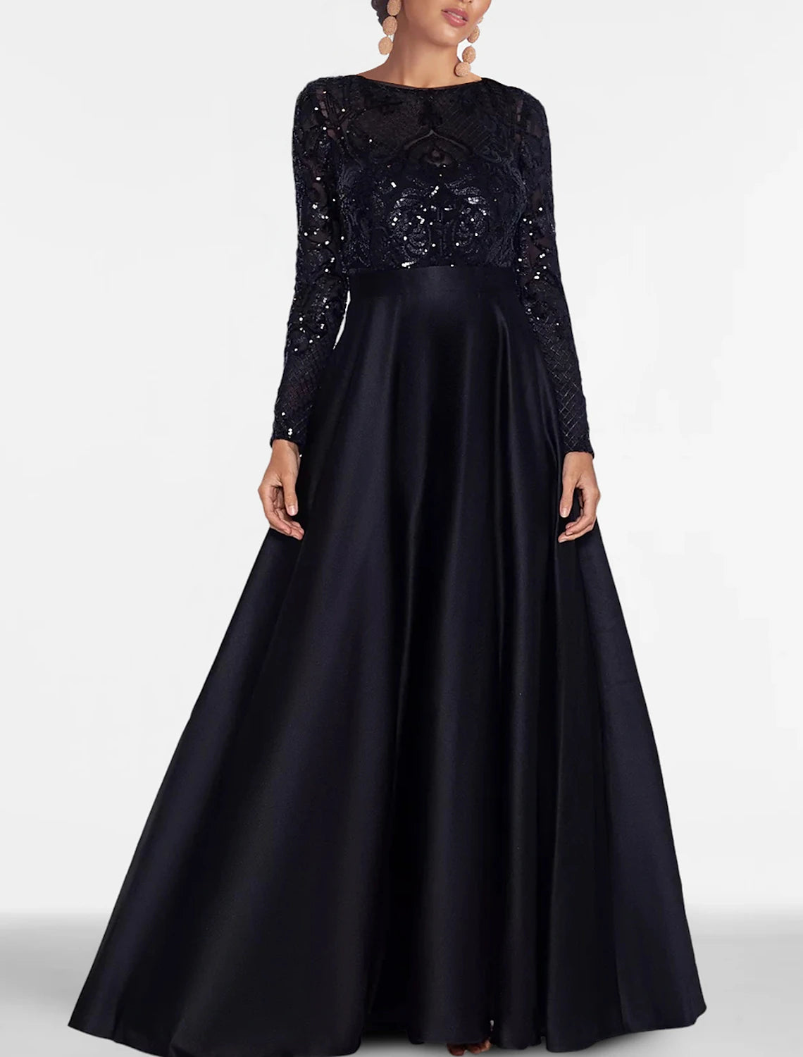 A-Line Evening Gown Elegant Dress Formal Black Tie Floor Length Long Sleeve Off Shoulder Fall Wedding Guest Satin with Slit Pocket