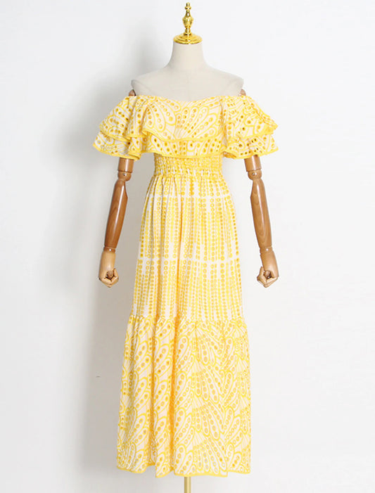 A-Line Wedding Guest Dresses Casual Dress Holiday Summer Ankle Length Short Sleeve Off Shoulder Polyester with Ruffles Embroidery
